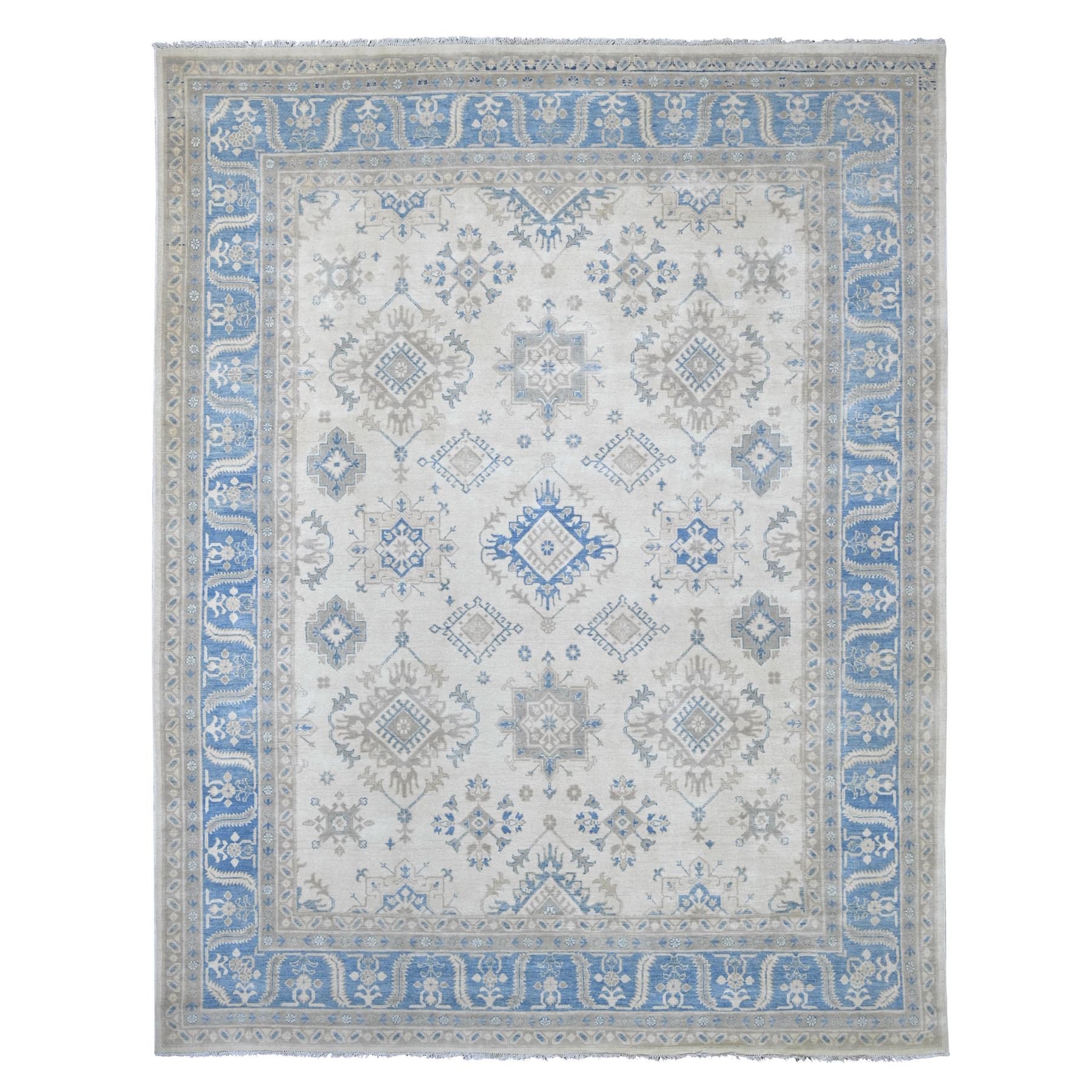 8'8"x11'2" Alabaster White, Vintage Look Kazak with Geometric Motifs, 100% Wool, Hand Knotted, Natural Dyes, Oriental Rug 